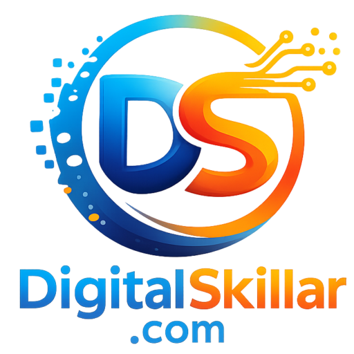 DigitalSkillar.com logo featuring DS initials in blue and orange gradient with digital circuit design inside a circular tech icon